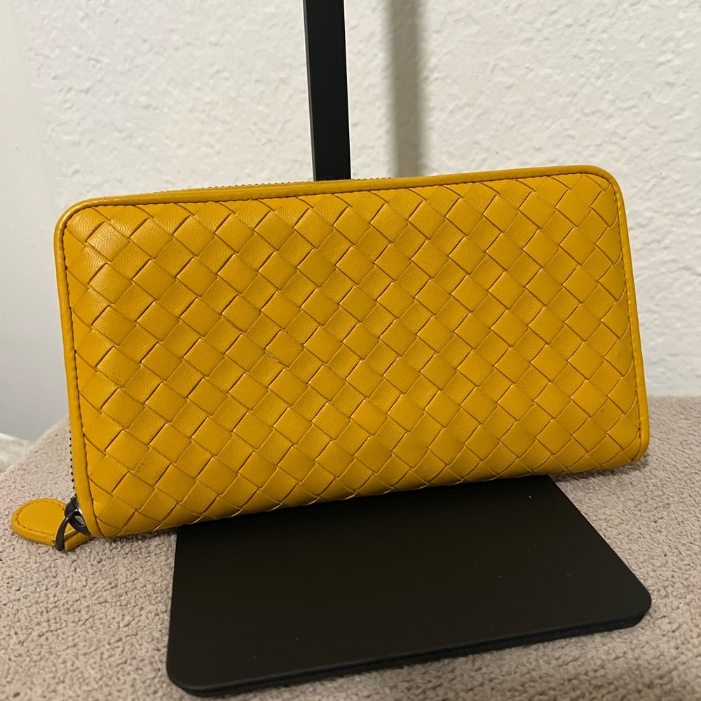 Bottega Yellow Woven Zip Wallet